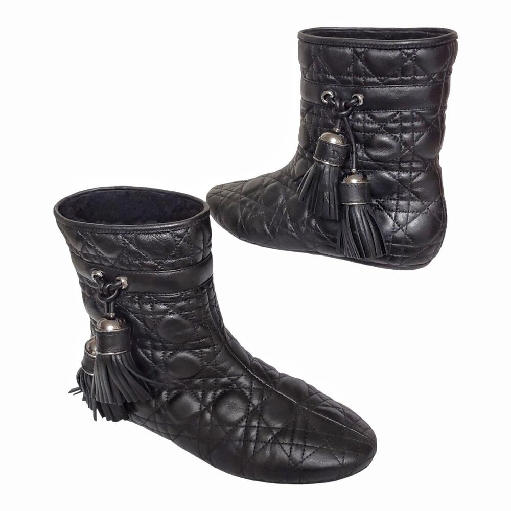 DIOR Quilted Black Leather Ankle Boots Size 8.5 Moto Luxury Tassels Edgy Fall
